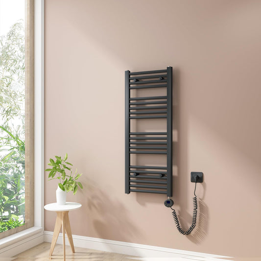 Heilmetz electric towel radiator 100x40cm with digital thermostat and timer function. Straight towel radiator in anthracite 300W.
