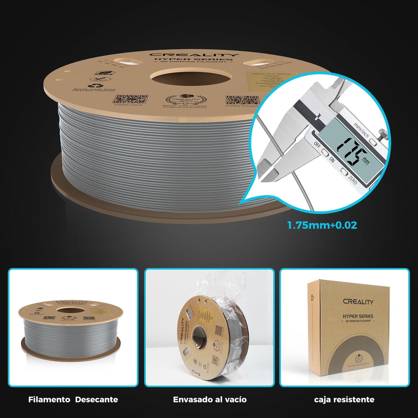 Creality PLA Filament Hyper PLA 1.75mm filament for 3D printers. High speed 30-600 mm/s. Precision +/- 0.02mm. Compatible with most 3D printers. 1kg Grey.