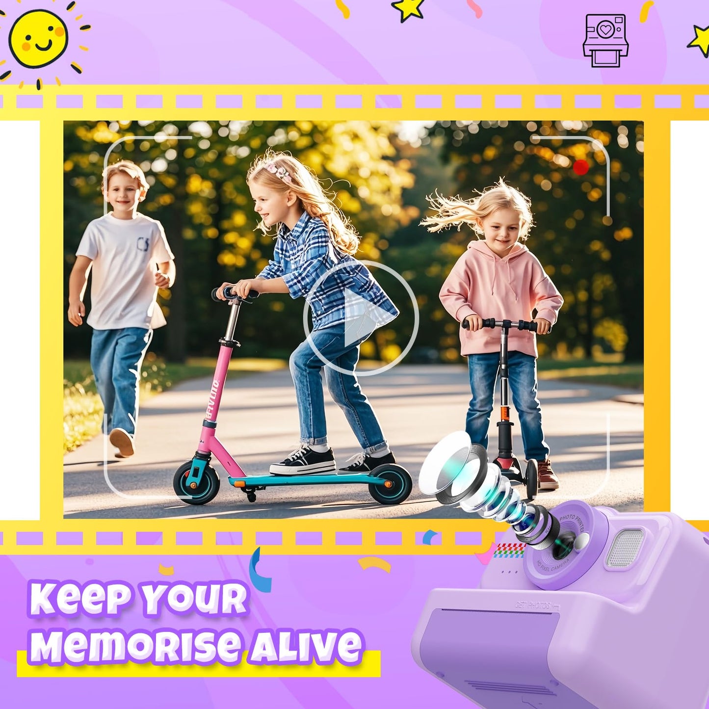 HiMont kids camera instant camera, 1080P instant camera for kids with 32GB card & 3 rolls of print paper, fun kids toy gifts for boys & girls aged 3-12.