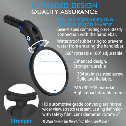 BriskMore Bike Mirrors, HD Glass, Convex Lens, 2 Pieces, Safer Rearview Mirror, Adjustable Handlebar, Wider View, Bike Mirrors for Scooters, Racing Bikes, Mountain Bikes.