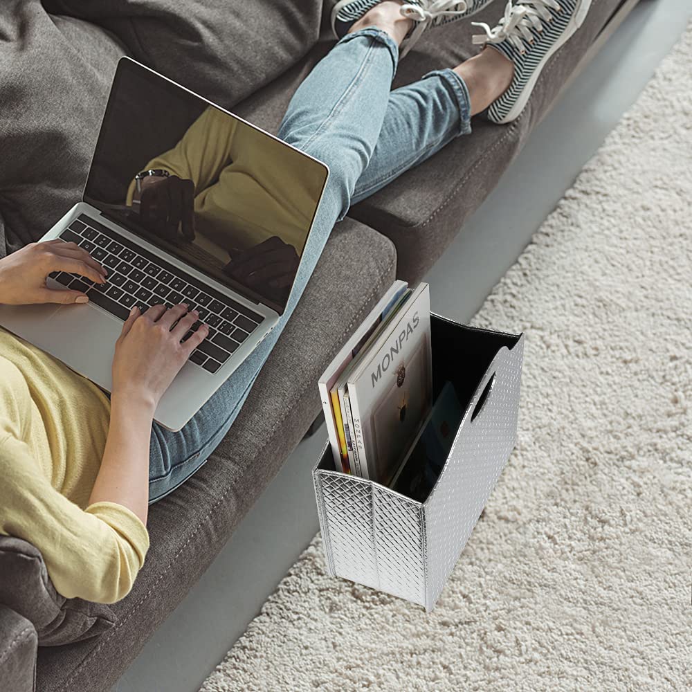 HofferRuffer magazine holder with handle, foldable PU leather magazine stand, document holder, magazine basket, newspaper storage for office, coffee table, living room, reception (Silver)