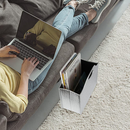 HofferRuffer magazine holder with handle, foldable PU leather magazine stand, document holder, magazine basket, newspaper storage for office, coffee table, living room, reception (Silver)