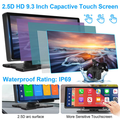 Podofo Wireless Apple Carplay Android Auto Portable Car Radio, 9.3-inch HD touchscreen car radio for cars/SUVs/vans/pickups and trucks, dash cam & rearview camera & 64G TF card.