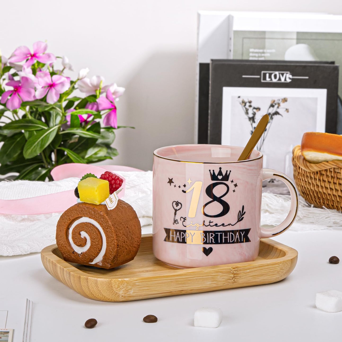 18th Birthday Girl, Happy 18th Birthday, 14oz coffee mug with gold print, Funny gifts for 18th birthday girl daughter, With lid, greeting card, gold spoon, gift box.