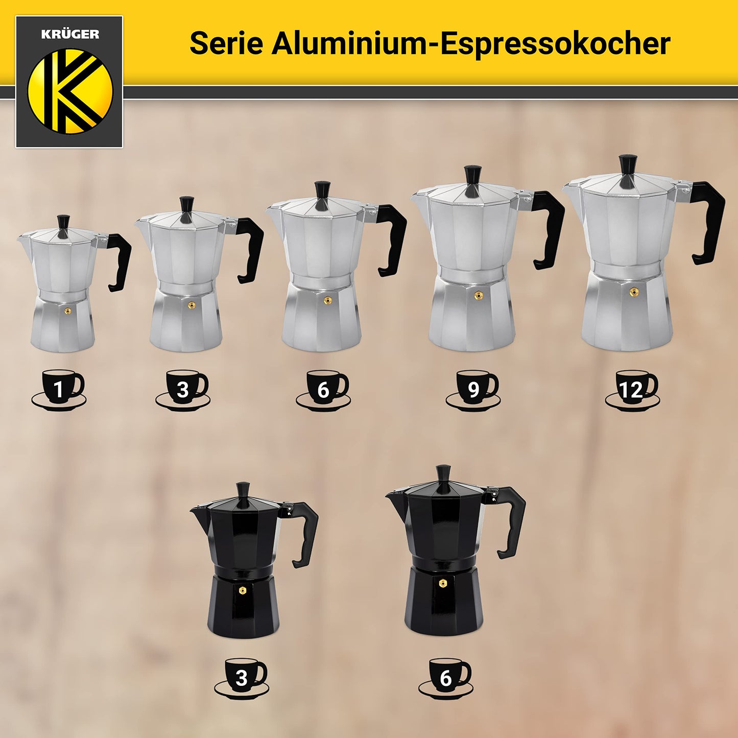 KRÜGER aluminum espresso maker with silicone seal for 1 cup - fast and easy espresso preparation - safety valve prevents overflowing - convenient handle (silver)