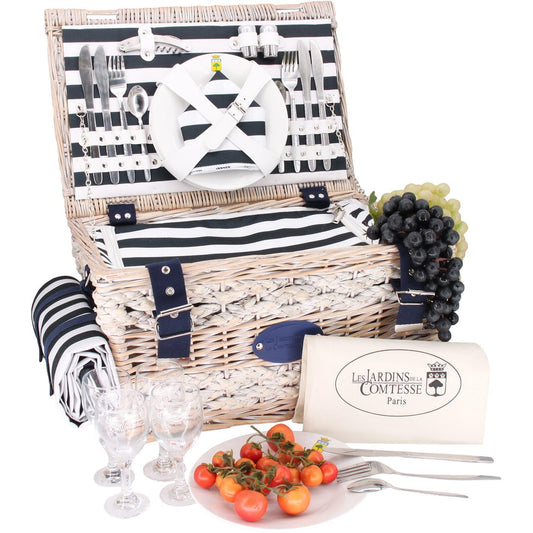 The Countess's Gardens - Picnic Basket Marine - Complete/4 People - Cooling Compartment - Ceramic Plates and Wine Glasses/Waterproof Tablecloth - Blue and White Striped Fabric - 17.7 x 12.2 x 9.4 in