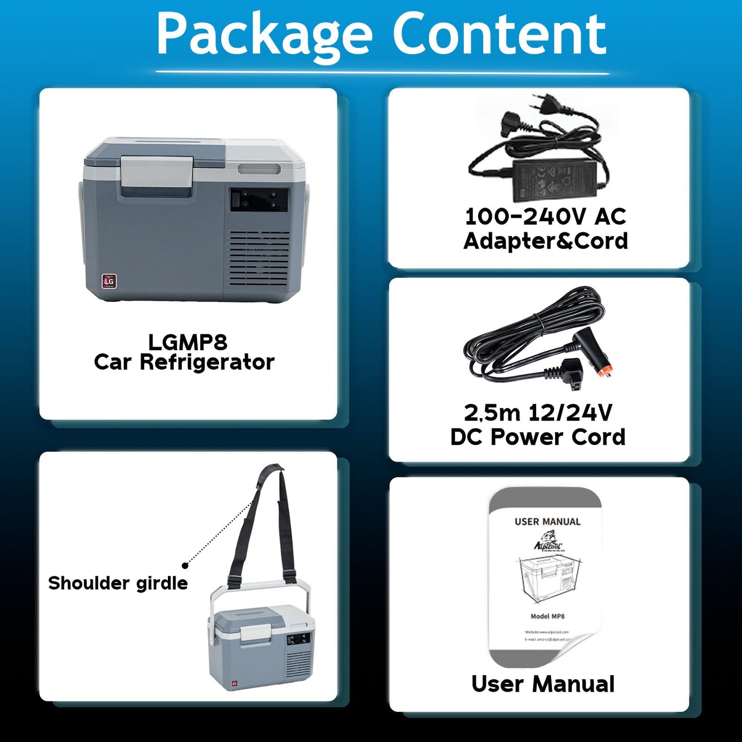 Alpicool LGMP8 8L compressor cooler 12v mini fridge electric camping freezer portable for car, truck, boat, RV with USB port, -20℃-20℃, rechargeable (battery not included)