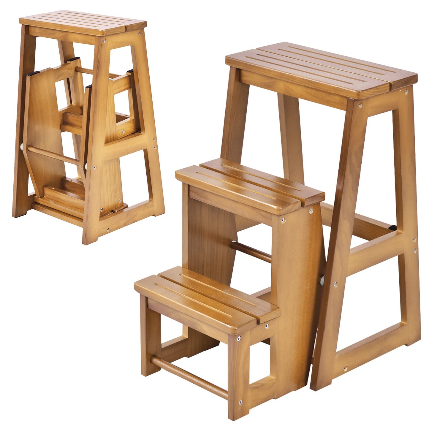 GIANTEX Wooden Step Stool 3 Steps, Folding Step Ladder Foldable Step Stool, Wooden Step Ladder Foldable, Household Step Small, Pine Wood Folding Steps (Walnut)