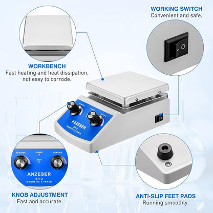 ANZESER Magnetic Stirrer Heating Plate 120x120mm 380°C for simultaneous mixing, stirring, and heating with EU plug, PTFE (Polytetrafluoroethylene), Aluminum
