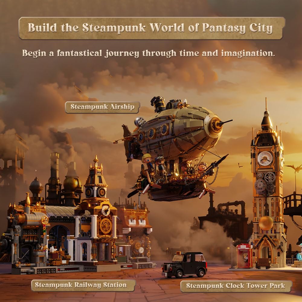 PANTASY Steampunk airship model kit for adults, two-layer Zeppelin with gear mechanism, DIY building block set, retro sci-fi construction toy for collectors & display.