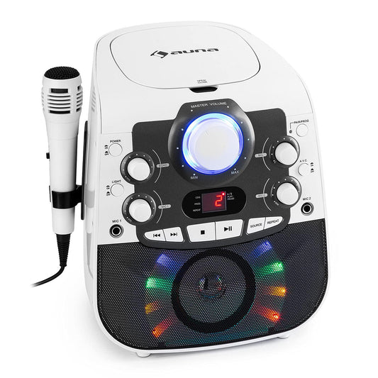 auna StarMaker 2.0 Karaoke System, karaoke machine with Bluetooth function, CD player, for CD, CD+G, CD-RW, includes microphone, 2 microphone inputs, LED show, A/V output, white.