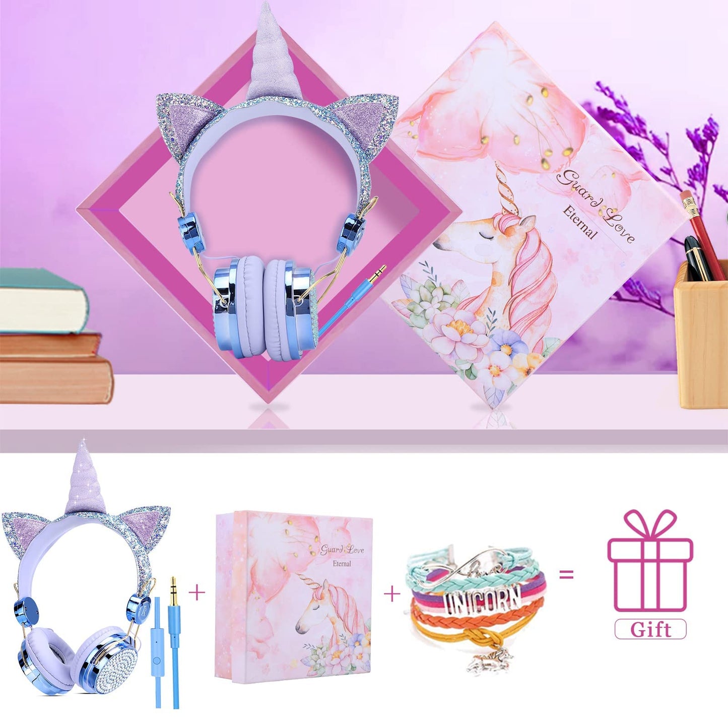 Children's headphones, unicorn glitter stones, children's headphones for girls, wired headphones with unicorn bracelet gift, adjustable stereo headphones with microphone and volume control (Sky blue)