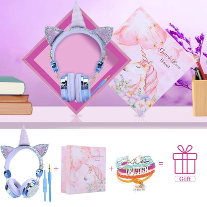 Children's headphones, unicorn glitter stones, children's headphones for girls, wired headphones with unicorn bracelet gift, adjustable stereo headphones with microphone and volume control (Sky blue)