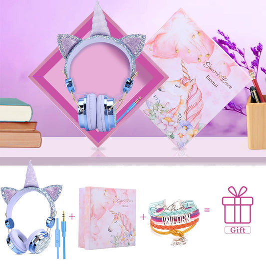 Children's headphones, unicorn glitter stones, children's headphones for girls, wired headphones with unicorn bracelet gift, adjustable stereo headphones with microphone and volume control (Sky blue)