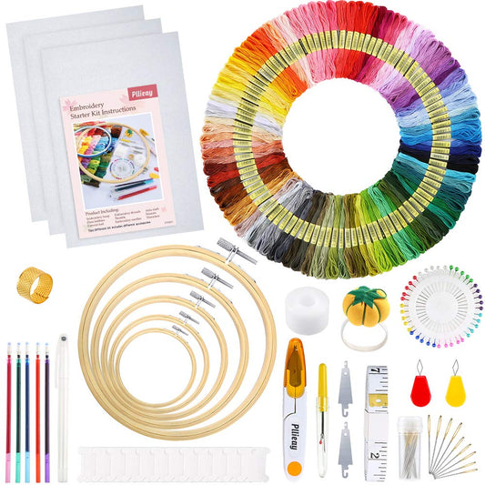 Embroidery kit with instructions, 5 bamboo hoops, 100 embroidery threads, 3 Aida cloths, and cross-stitch tool set for sewing. Suitable for adults.