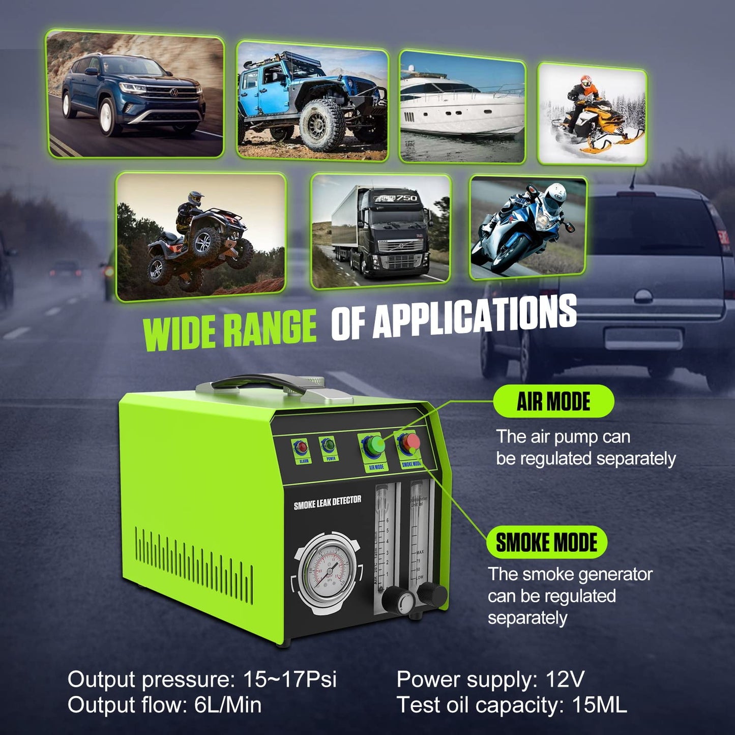 MOTOCOCHE Fog machine car EVAP smoke machine Automobile with oil level display & air flow meter, 12V car smoke leak detector for vehicle-motorcycles-boat (test oil: baby oil)