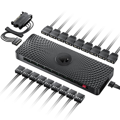 AsiaHorse 2 IN 1 ARGB/PWM 9 Ports Fan Hub, Distributor with SATA Power, PWM Function Fan Adapter, 12V4PIN-PWM and 5V3PIN-ARGB connectors, Motherboard control hub, Cable Management.