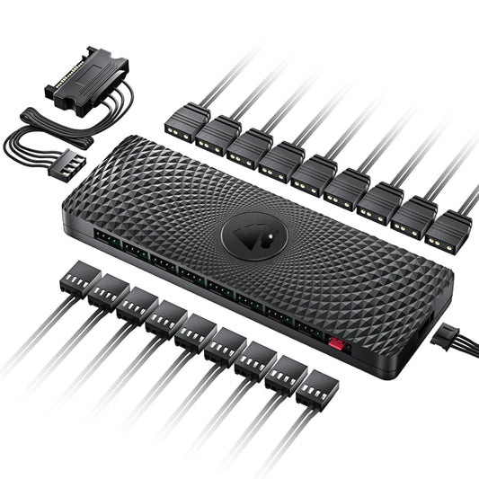 AsiaHorse 2 IN 1 ARGB/PWM 9 Ports Fan Hub, Distributor with SATA Power, PWM Function Fan Adapter, 12V4PIN-PWM and 5V3PIN-ARGB connectors, Motherboard control hub, Cable Management.