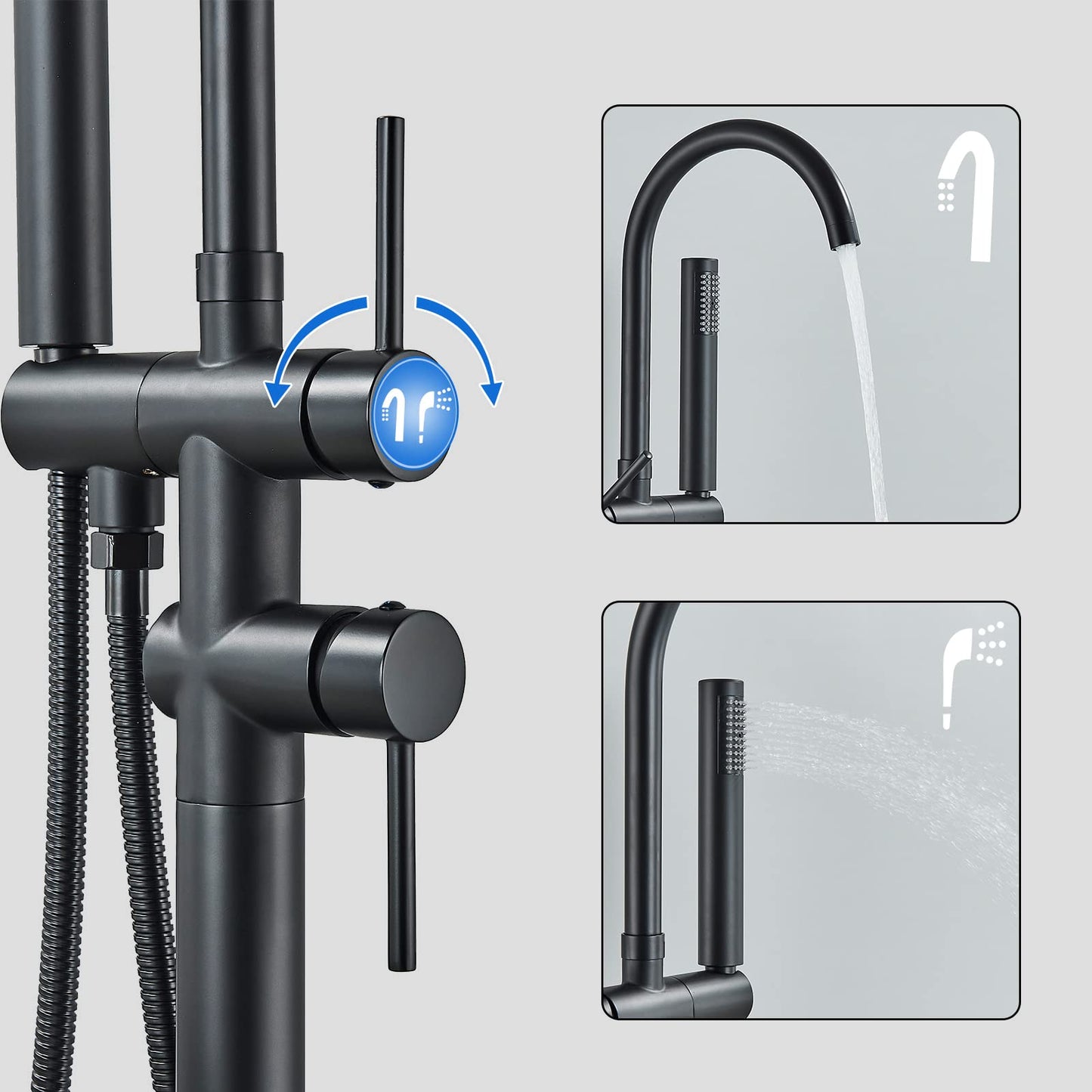 Rozin Freestanding Tub Faucet Black Bathroom Faucet with Hand Shower Floor Mount Bathtub Faucet 2 Handles 360° Rotate Shower Faucets for Tub