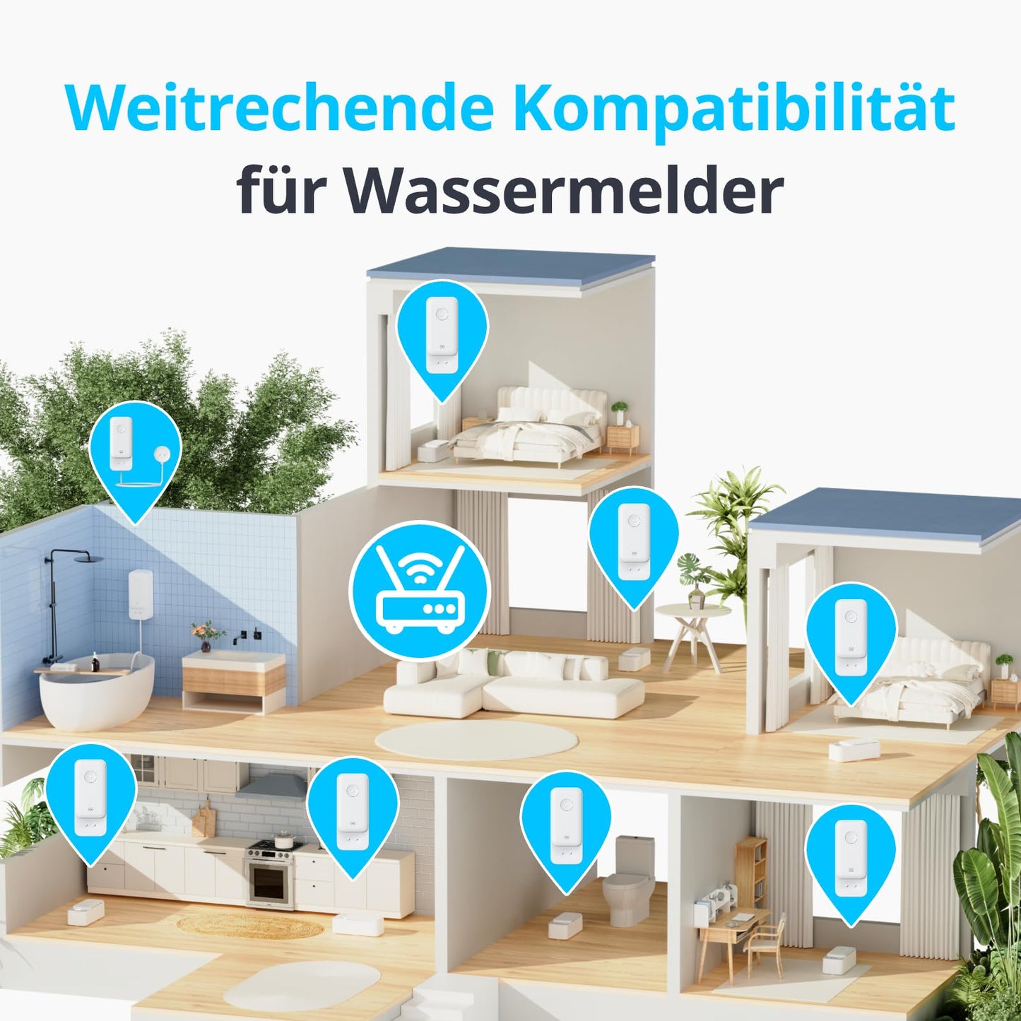 SwitchBot WiFi Water Sensor requires no hub (2.4G only), Smart Water Sensor 3 pack with 100dB Adjustable Alarm & App Notification, IP67 waterproof, Water Leak Detector for kitchen, bathroom, basement.