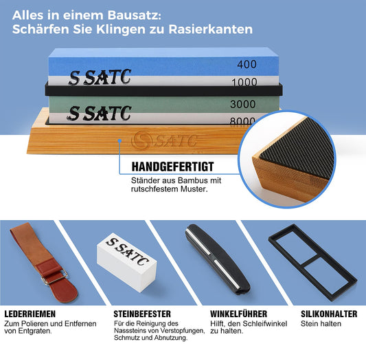 S SATC Premium Sharpening Stone Knife 400/1000/3000/8000 Grit - Precision sharpening for kitchen knives - Knife sharpening stone set