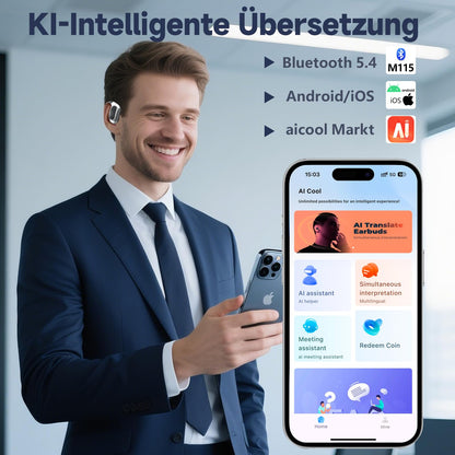 AI APP Translator headphones with real-time app translation, Bluetooth 5.4, HiFi sound, LED battery indicator, 144 languages, headphones for meetings, travel & sports (Black)