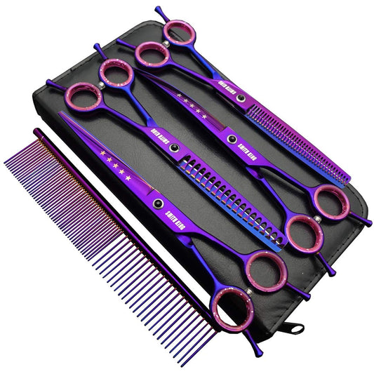 7.0 Inch Professional Dog Grooming Scissors Set Straight & Thinning & Curved & Chunker & Comb 5 Pieces in 1 Set for Left-handed & Right-handed.