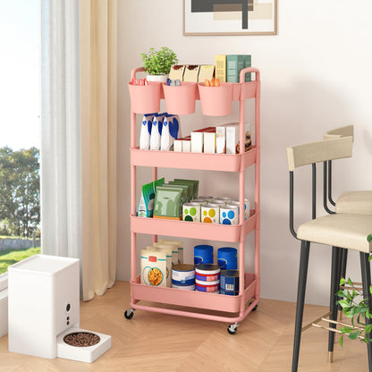 JIUYOTREE 4-tier plastic rolling cart with additional hanging handles, locking wheels for living room, bathroom, kitchen, office, Pink.