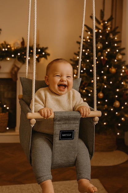 NATILU® Baby Swing Set Indoor Outdoor | Baby Swing | Baby swing Indoor | Wooden Kids Swing | Wooden Swing for Children | Swings for Door Frames (Silver)