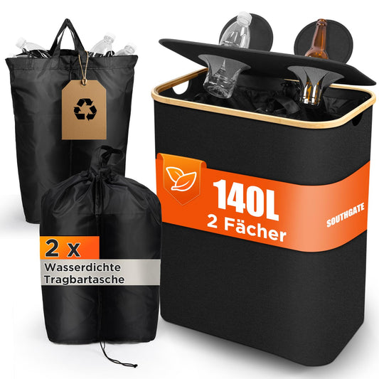 SOUTHGATE Deposit Bottle Collection Bin with 2 compartments, 140L deposit bin, suitable for empties and old glass storage with hole [including 2 XXL carrying bags], trash can with lid for kitchen & storage room, Black