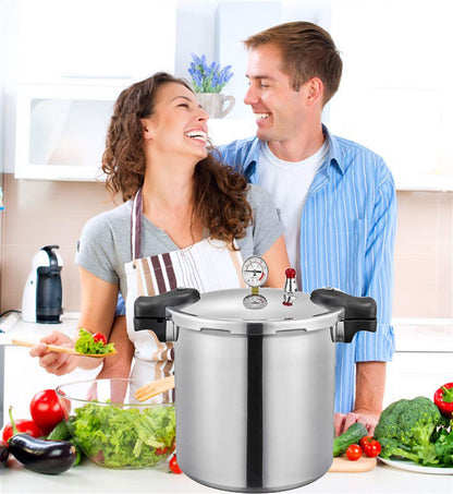 25 liter pressure cooker canner for all American canning needs, water bath canner included. Features pressure gauge, pressure regulator, and induction compatibility. Pressure release valve set at 13 PSI +/- 5%.
