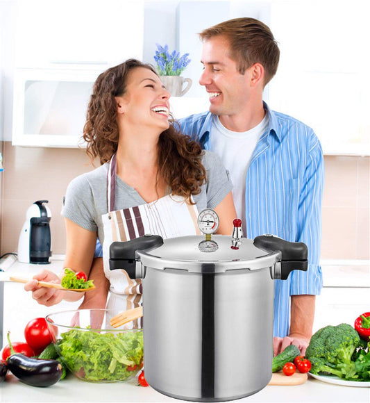25 liter pressure cooker canner for all American canning needs, water bath canner included. Features pressure gauge, pressure regulator, and induction compatibility. Pressure release valve set at 13 PSI +/- 5%.