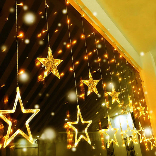 Quntis 138 LEDs 2m 12 Star String Lights Curtain Warm White, Expandable Christmas Lights Indoor Window, IP44 Curtain Lights Power Operated Outside, 8 Modes Christmas Decor for Room Balcony