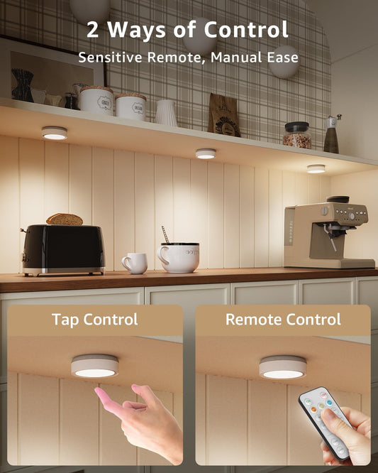 Rechargeable LED spot with remote control, 2400mAh battery operated wirelessly dimmable display lighting with timer and magnet, round under cabinet light kitchen battery without cable USB-C cabinet lighting.