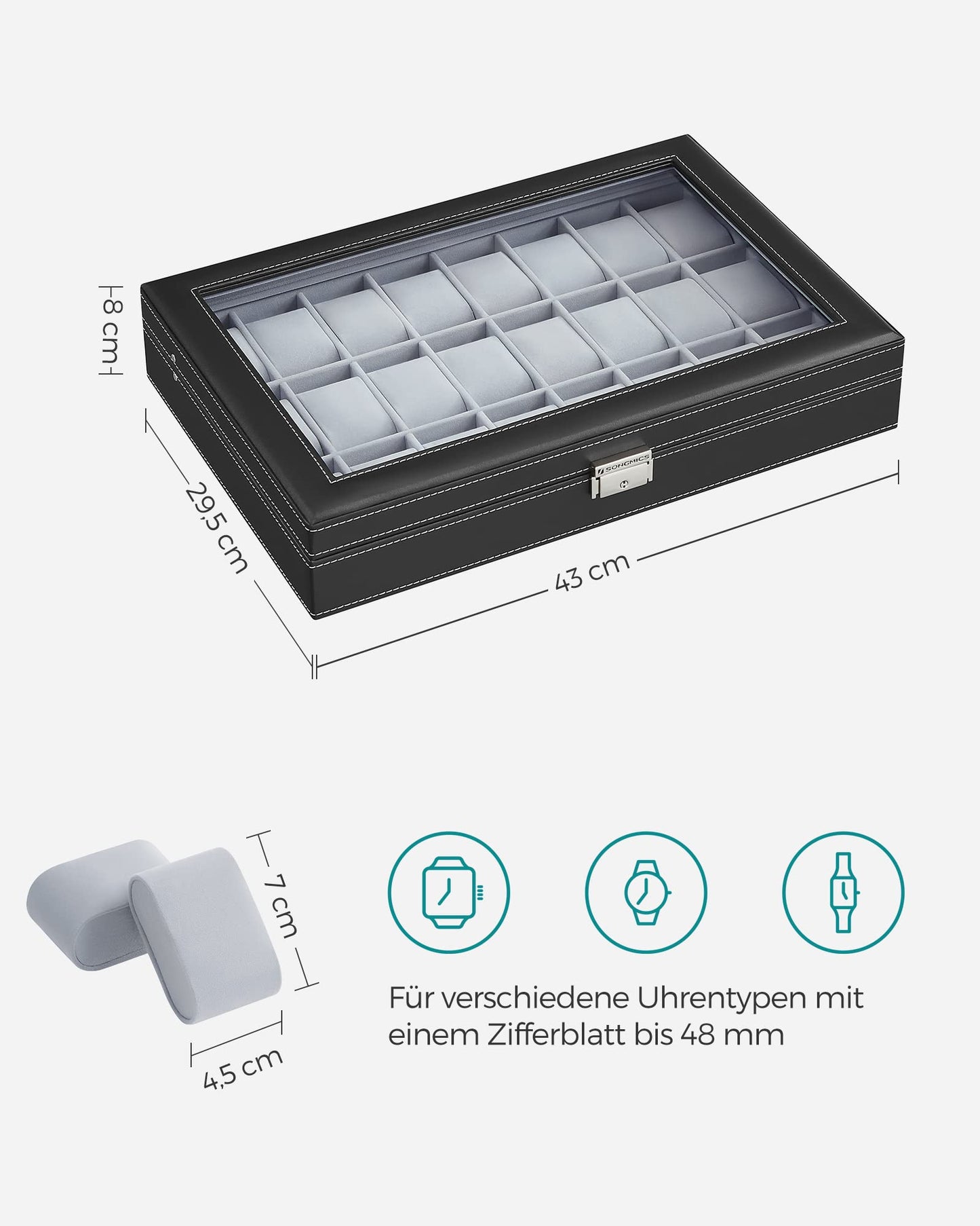 SONGMICS Watch Box, lockable watch case, storage organizer for watches, with 24 compartments, glass lid, gift for loved ones, black JWB024