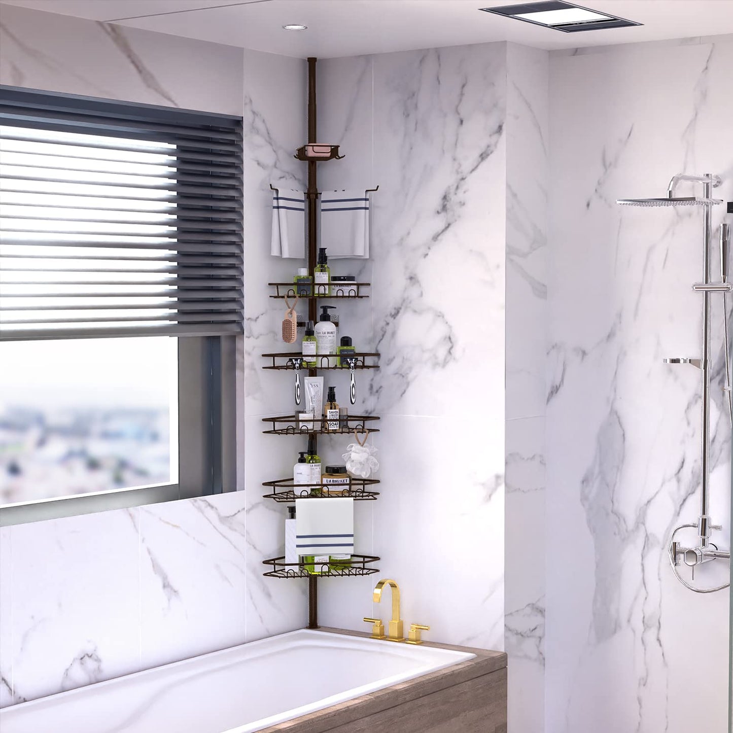 Bomclap 5-level telescopic shower shelf, metal corner shelf with towel holder, shower caddy without drilling with towel bar, shower corner for 137-290 cm height.