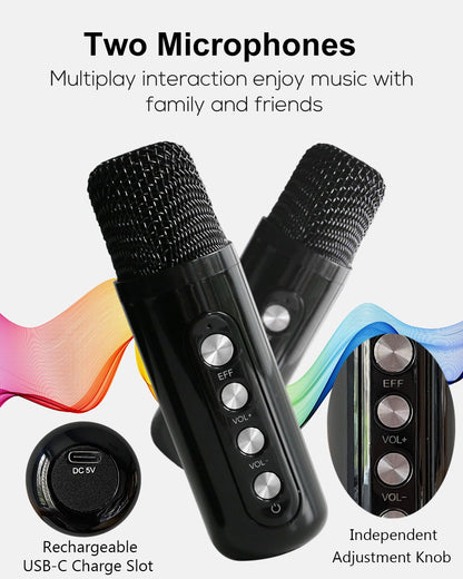 Portable karaoke machine with 2 microphones, Bluetooth karaoke set for kids and adults with voice changing effects & LED lights. Perfect for boys and girls gifts and home parties.