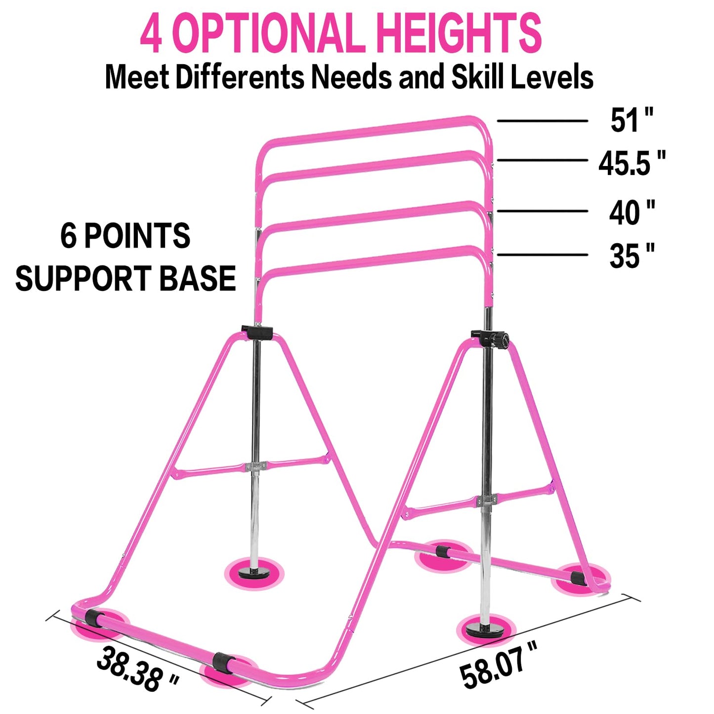 FINGER TEN Gymnastics Horizontal Kip Bar for Kids, Foldable 4 Height Adjustable Training Bars for Indoor/Outdoor Home Gymnastics (Pink)