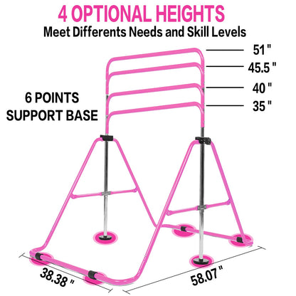 FINGER TEN Gymnastics Horizontal Kip Bar for Kids, Foldable 4 Height Adjustable Training Bars for Indoor/Outdoor Home Gymnastics (Pink)