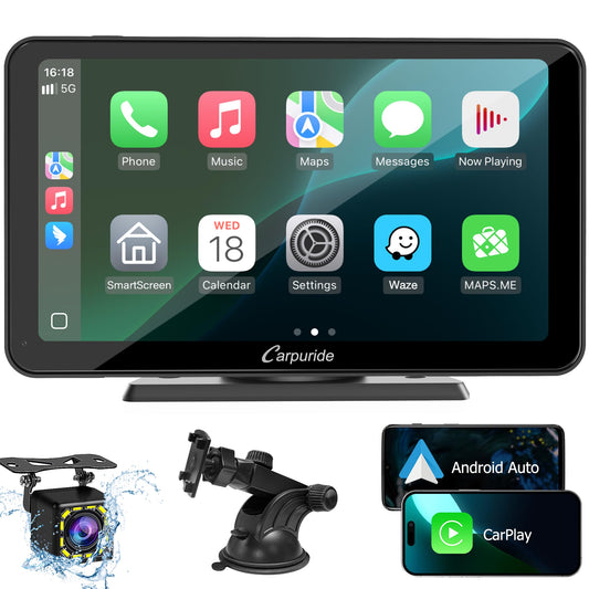 Carpuride Wireless Carplay & Android Auto, 7-inch touchscreen digital media car radio receiver, portable car radio with backup camera, mirror link, Bluetooth, GPS, AUX, FM