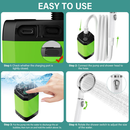 Upgrade portable camping shower, camping shower with rechargeable 6000mAh battery and temperature display, mobile shower set with shower head and hose for hiking, camping, traveling, beach, pet.