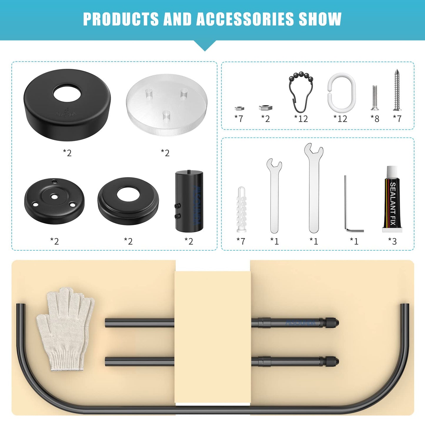 Misounda shower curtain rods U-shaped without drilling, corner shower rod made of stainless steel telescopic (70-100) x 80 x (70-100) cm with 24 shower rings, for wardrobe bathroom dressing room - Black