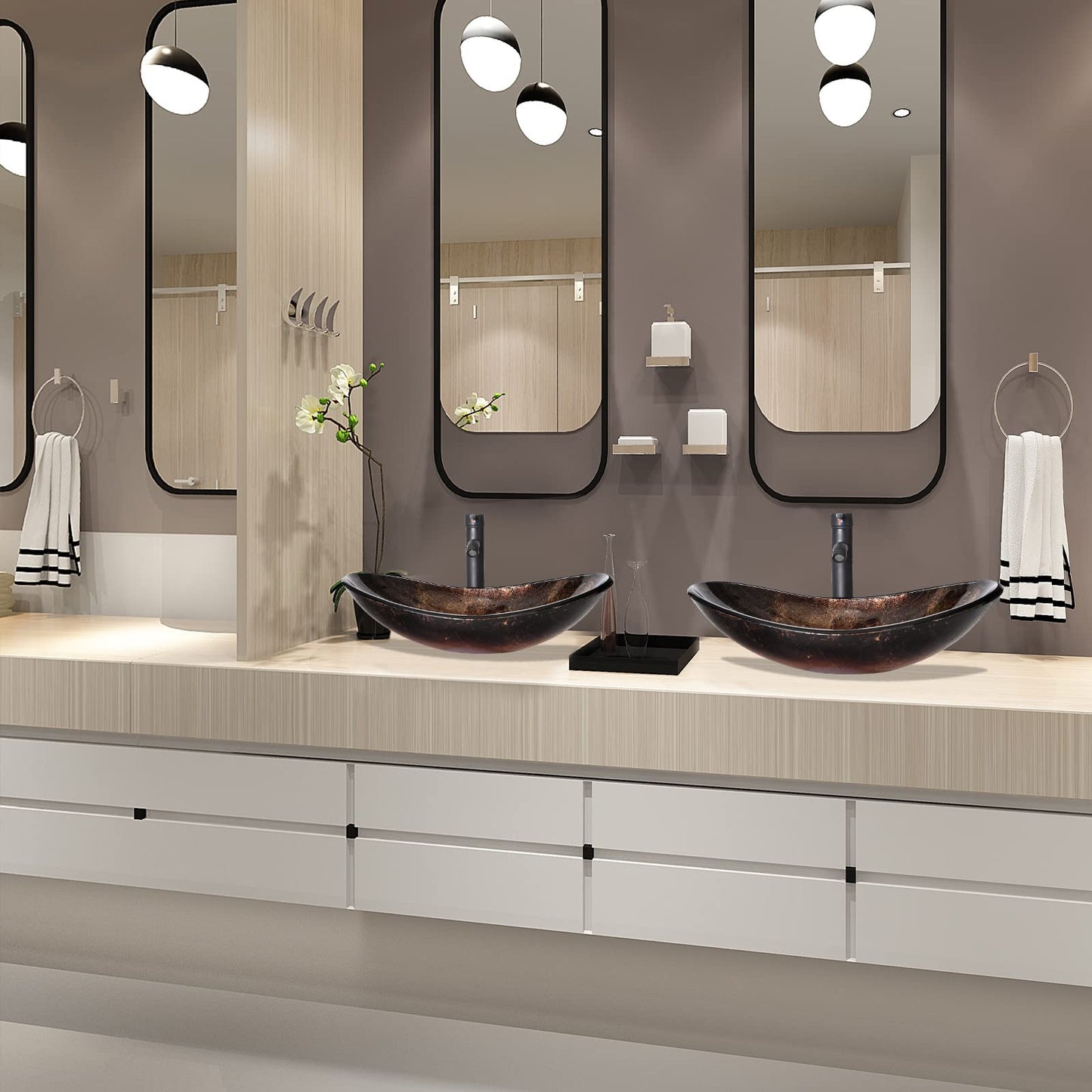 ARTETHYS glass basin, oval hand wash bowl with faucet set, countertop basin for bathroom guest WC, modern gold.