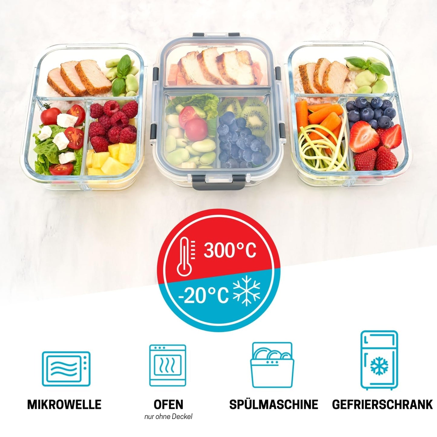Igluu Meal Prep Glass Food Storage Containers with BPA-free lid (3-pack) - microwave, oven, freezer, dishwasher safe, leak-proof - 980 ml - 3 compartments - durable borosilicate glass.