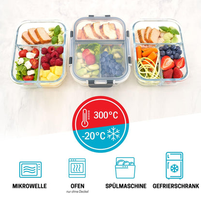 Igluu Meal Prep Glass Food Storage Containers with BPA-free lid (3-pack) - microwave, oven, freezer, dishwasher safe, leak-proof - 980 ml - 3 compartments - durable borosilicate glass.