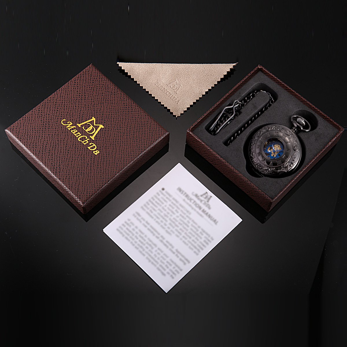 ManChDa® Classic Pocket Watch Retro Dial with Roman Numerals Steampunk Skeleton Mechanical Delicate Movement for Men Women with Chain (Black) + Gift Box