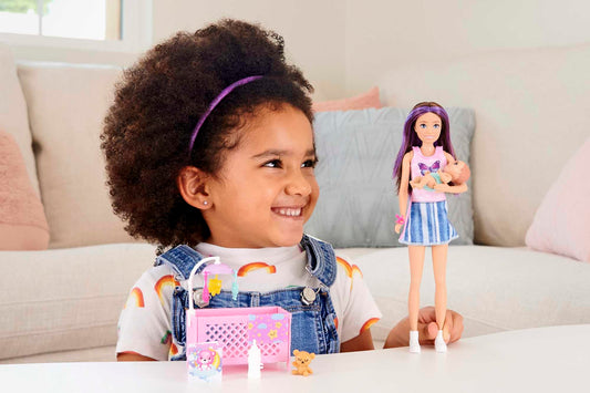 Barbie Skipper Babysitter Inc, Skipper Big Babysitting Adventure, Skipper with brown hair and baby, bottle, crib, accessories, includes 2 dolls, can be given as a gift, HJY33