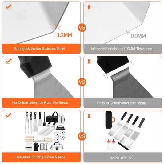 GARELF Grill Accessory Set with Flat Top, 30-Piece Grill Tool Set for Blackstone and Camping Cookouts with Scraper, Spatula, Tongs, Egg Rings, for Outdoor Camping, Parties, Teppanyaki and Gas Grills.