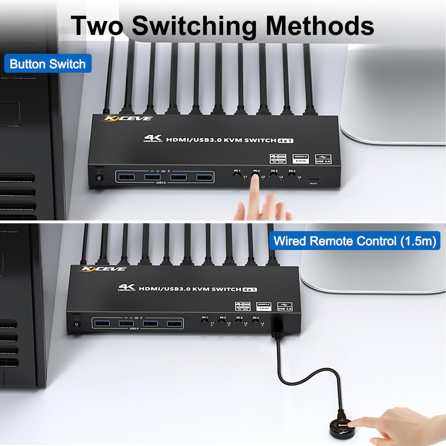 USB 3.0 KVM Switch HDMI 4 Port, 4K@60Hz Edid Emulation KVM Switch allows 4 PCs to share 1 monitor and 4 USB 3.0 devices. Comes with Wired Remote and 12V Power Adapter.