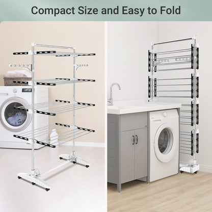 Todeco Foldable Laundry Rack Tower, 4-tier stainless steel tower dryer with 6x rollers, wings, top bar. Mobile tower laundry stand for balcony living room bathroom, Black.
